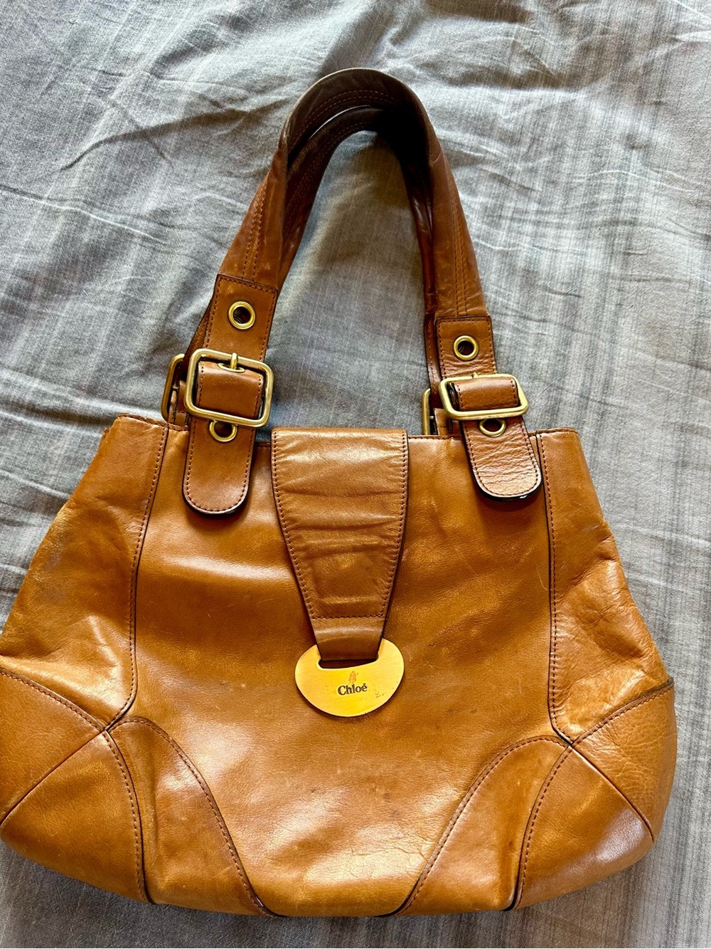 Chloe Cognac Leather Shoulder Bag with Gold Hardware